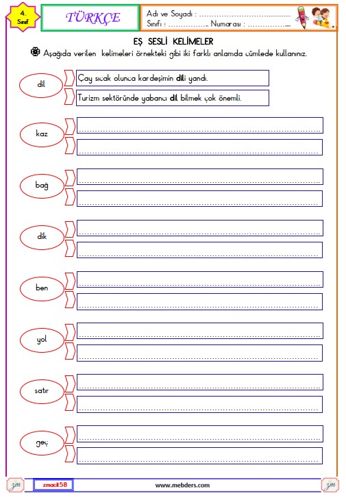 4. Sınıf Türkçe Eş Sesli Kelimeler Etkinliği 2